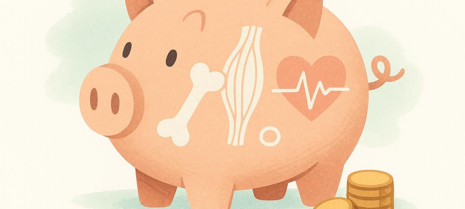 Stylized piggy bank representing healthcare costs, decorated with health icons like a bone, muscle fiber, heart, and a stack of coins.